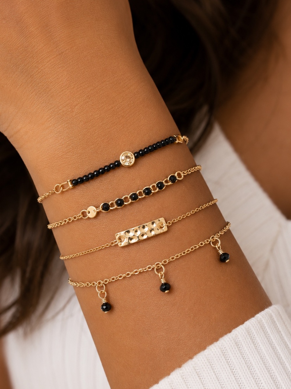 NEW - Arm Candy 4PC Gold & Black Bead Stackable Layering Danity Trendy Bracelets